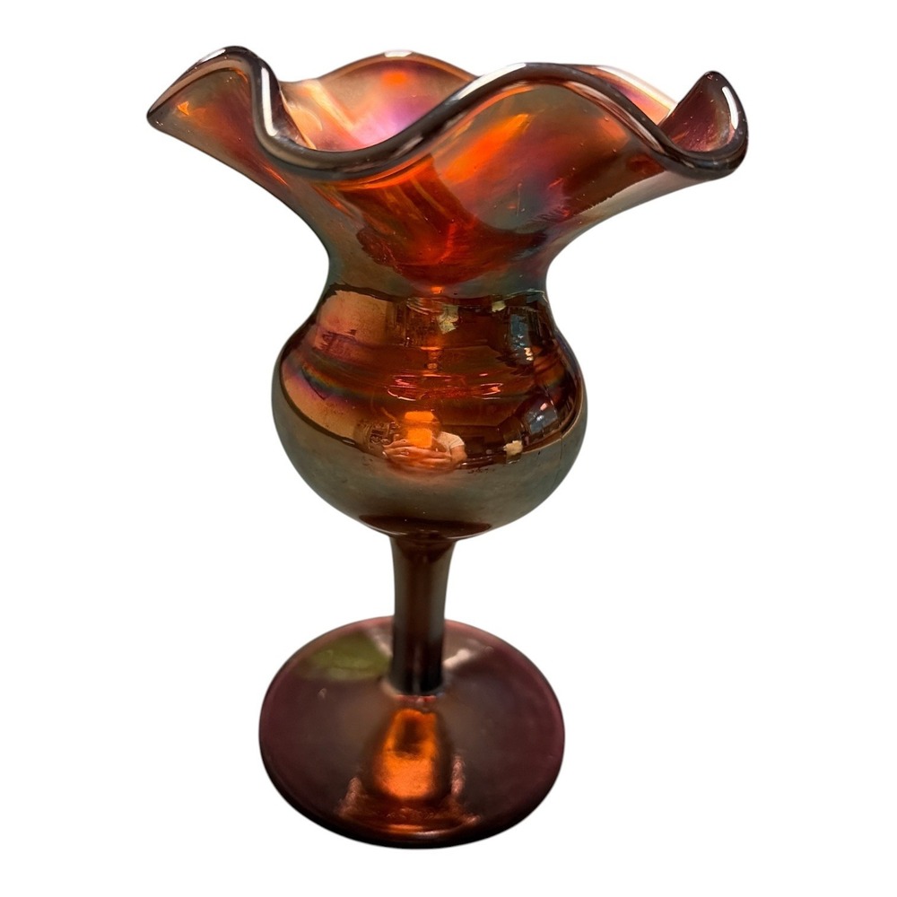 Antique Carnival Glass Vase Goblet Marigold Iridescent Ruffled Rim –Fenton Era